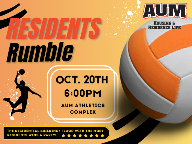 Auburn University at Montgomery Residents Rumble volleyball, Oct. 20, 6 PM at AUM Athletics Complex, Housing & Residence Life
