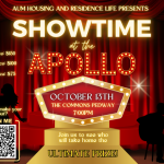 Auburn University at Montgomery Showtime at the Apollo poster; singer and guitarist silhouettes; Oct 13, 7pm, Commons Pedway