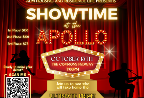 Auburn University at Montgomery Showtime at the Apollo poster; singer and guitarist silhouettes; Oct 13, 7pm, Commons Pedway