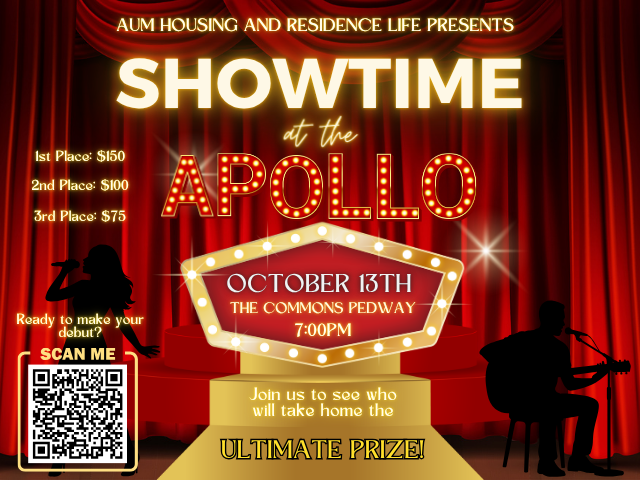 Auburn University at Montgomery Showtime at the Apollo poster; singer and guitarist silhouettes; Oct 13, 7pm, Commons Pedway