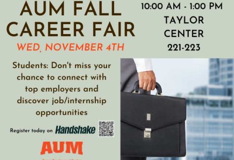 Auburn University at Montgomery AUM Fall Career Fair, Nov 4, 10am–1pm, Taylor Center 221-223; person holding briefcase