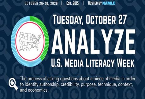 Auburn University at Montgomery U.S. Media Literacy Week: Analyze theme, Tue, Oct. 27, 2026; hosted by NAMLE with USA map.