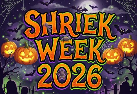 Auburn University at Montgomery Shriek Week 2026 banner with jack-o'-lanterns, bats, spider webs, and a spooky graveyard